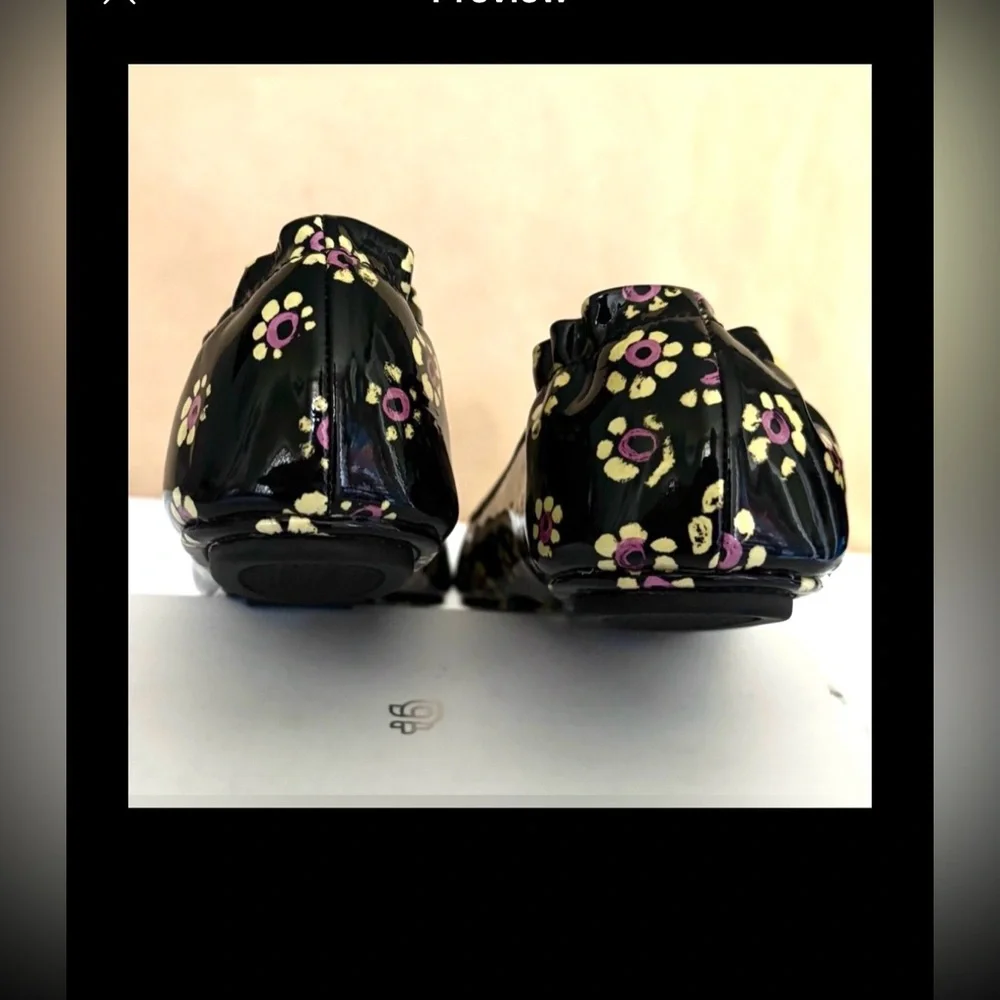 Tory Burch Minnie Travel Flats Dainty Floral Black Patent Leather Size 8.5 NWOB
